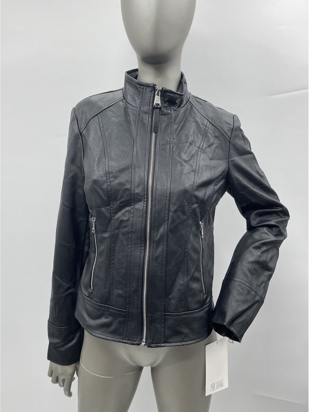 NWT Women’s DKNY Full Zip Long Sleeve Faux Leather Motto Back Jacket Size S